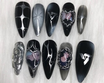 Custom Emo Goth Press On Nails: Silver Chrome Accents, Kpop Photos
