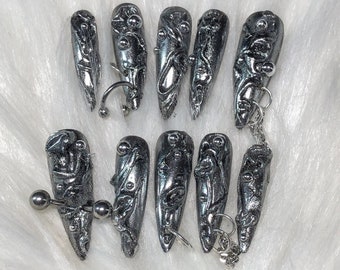 Silver Chrome 3D Abstract Emo Goth Press On Long Nails with Charms and Piercings - Prom 2024 Graduation Gift