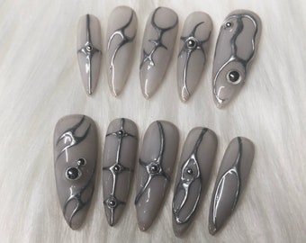 3D Chrome Silver Grey Goth Emo Y2K Korean Style Press On Nails - Prom 2024 Graduation Gift