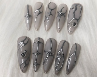 Chrome Silver Grey Press On Nails - Gothic Y2K Style
