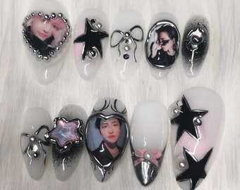 White Custom KPOP Press On Nails with Pink & Silver STAR details Kpop Concert Outfit (Seonghwa Example Ateez) - Prom Graduation 2025