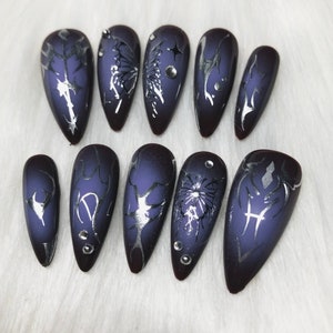 Y2K Lila Ombre Press On Nails: Silber Chrom Schmetterlinge, handgemacht