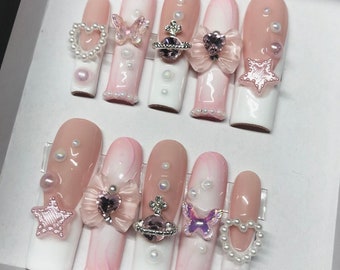 Pastel Pink and White French Tip Ombre Press On Nails with Gradient and Pearl Details Coquette Lolita Style - Prom Graduation 2025