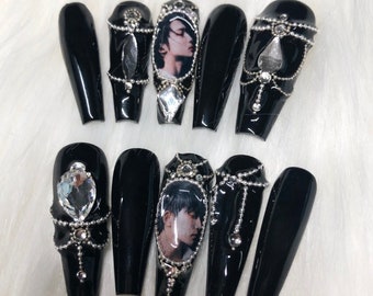 Custom Kpop Idol Press On Nails with Custom Photos: Emo Goth Black with Silver Beads
