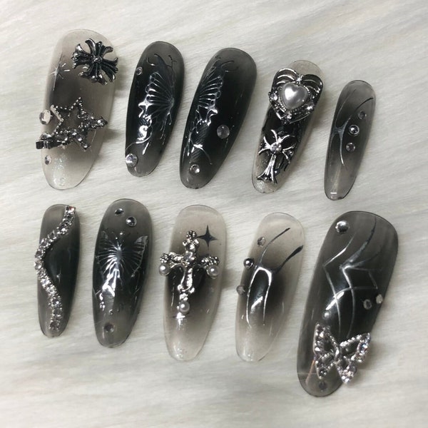 Y2K New Jeans Inspired Black Ombre Press On Nails with Silver Chrome details and Butterflies Korean Style - Prom 2024 Graduation Gift