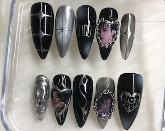 Custom KPOP Press On Nails with Custom Photos: Emo Goth Silver Chrome Nails
