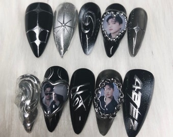 Custom ATEEZ KPOP Press On Nails Emo Goth Nails with Silver Chrome Accents Kpop Concert Outfit - Prom Graduation 2025