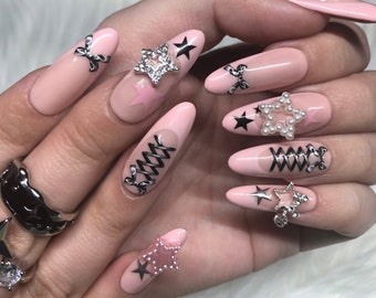 Pastel Pink French Tip Press On Nails with Star Details Coquette Lolita Style - Prom 2024 Graduation Gift