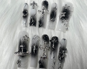 Handmade Y2K Press On Nails, Emo Goth Silver Chrome Crosses