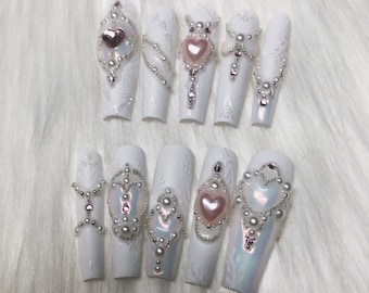 White Pearl Coquette Lolita Crystal Press On Nails with Pearl, Iridescent, Bead, and Pink Accents Wedding - Prom 2024 Graduation Gift