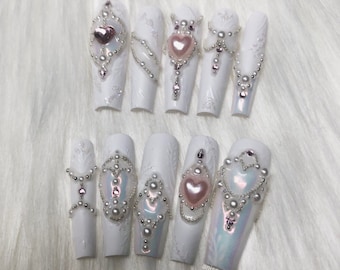 White Pearl Coquette Press On Nails, Crystal Heart Accent, Handmade