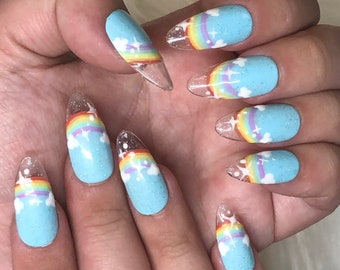 Almond Kawaii Rainbow with Glitter Press On Nails - Prom Graduation 2025