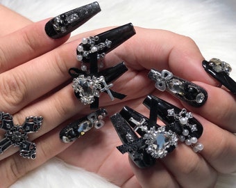 Black Goth Press on Nails With Charms Thanksgiving/black Friday 