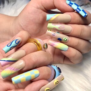 Long Coffin Pastel Pattern Rainbow Press On Nails Prom 2024 Graduation Gift image 2