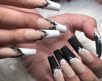 Clataly 24er Set Französische Falsche Nägel – Schwarze Fase Mit Herz & Schlange Design, Acryl-Look, DIY Nageldesign Für Frauen