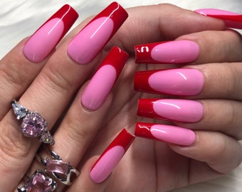 Pink & Red Reversed French Tip Press On Nails: Handmade