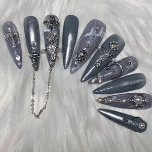 Long Stiletto Gray & Silver Chrome Heart Goth Press On Nails with Charms and Crystals - Prom 2024 Graduation Gift