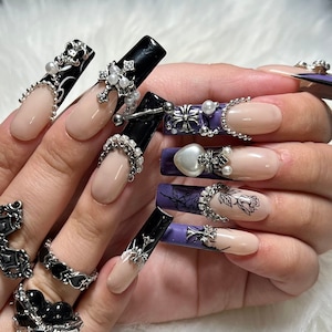 Purple & Black Goth Emo Press On Nails with Charms and Piercings - Prom Graduation 2025