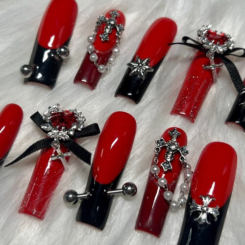 Red & Black Long Squared Goth Emo Press on Nails With Charms - Etsy