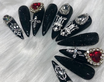 Black Emo/Goth Press On Nails with Silver and Red Charms - Prom Graduation 2025