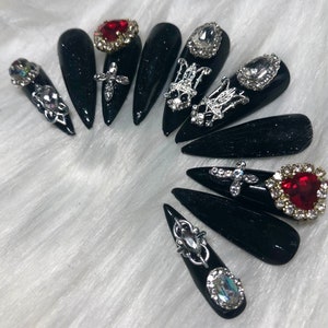 Black Emo/Goth Press On Nails with Silver and Red Charms - Prom 2024 Graduation GiftQueen