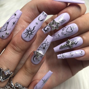 Lilac Emo Goth Press On Nails, Silver Butterflies, Long Coffin
