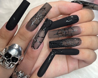 Black Spider Witch French Tip Press On Nails with Spiderwebs and Glitter - Prom 2024 Graduation Gift
