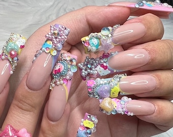 Kawaii Pastel Rainbow Press On Nails with Japanese Characters, Beads, and Crystal Charms Y2K Junk Nails - Prom Graduation 2025