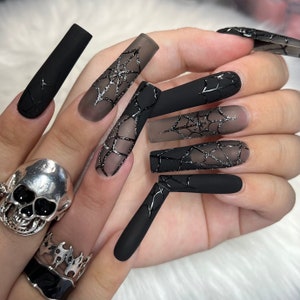 Black Spider Witch French Tip Press On Nails with Spiderwebs and Glitter - Prom 2024 Graduation Gift