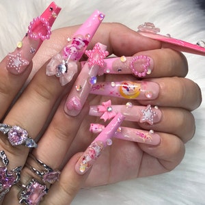 Pink Glitter Kawaii Japan Anime Character French Tip Press On Nails with Crystals and Charms - Prom 2024 Graduation Gift