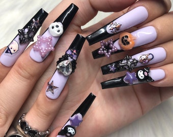 Purple and Black French Tip Halloween Witch Press On Nails with Pumpkin, Skull, and Bow Charms  Halloween - Prom 2024 Graduation Gift