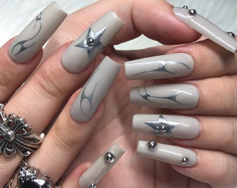 Y2K Goth Press On Nails: Silver Chrome Star, Handmade