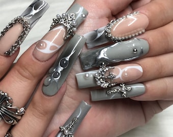 Silver Grey & Black Ombre French Tip Goth Emo Press On Nails with Silver Chrome and Pearl Accents - Prom 2024 Graduation Gift