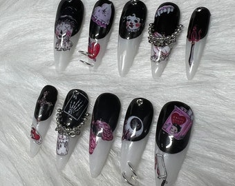 Handmade Emo Gothic Stiletto Press On Nails with Stickers & Piercings