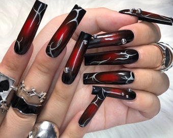 Black and Red Gradient Ombre Goth Emo Press On Nails with Silver Chrome Swirls - Prom Graduation 2025
