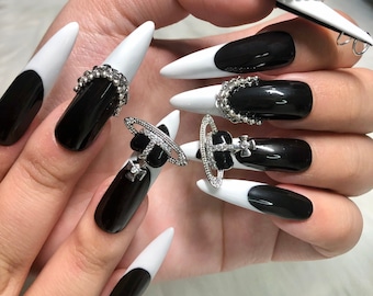 Long Stiletto Black & White Goth Press On Nails with Heart Charms, Chains, and Piercings - Prom 2024 Graduation Gift