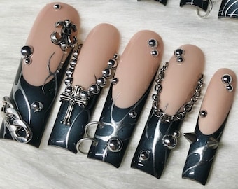 Handmade Goth Press On Nails, Black French Tip, Silver Chrome Charms