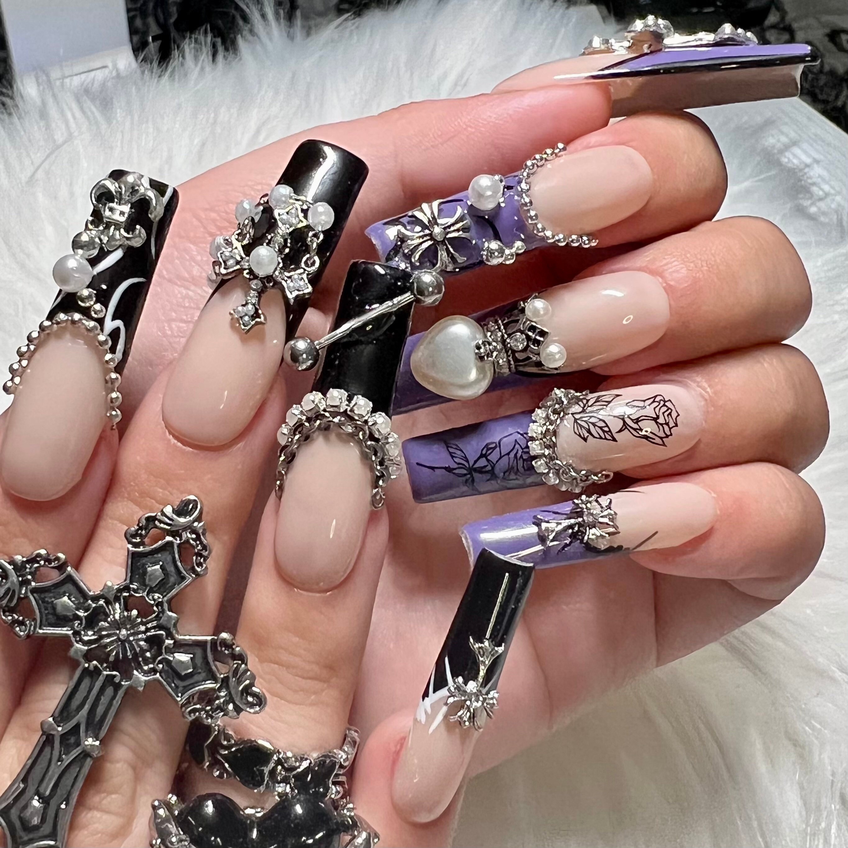 Purple & Black Goth Emo Press on Nails With Charms and - Etsy