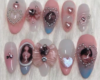Custom KPOP Press On Nails with Custom Photos: Pink, Pearl, Photo Design