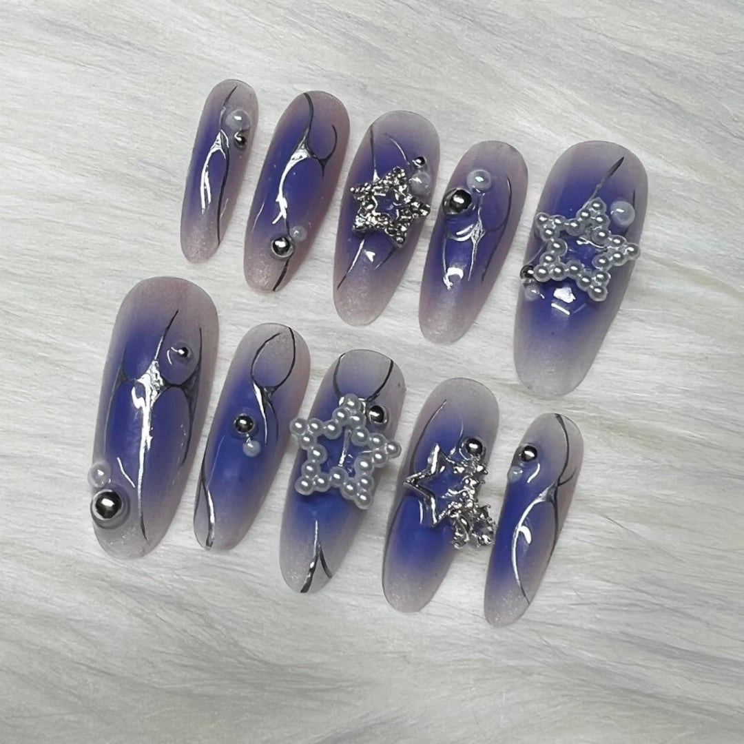 Y2K Oval New Jeans Inspired Blue Purple Ombre Press on Nails - Etsy