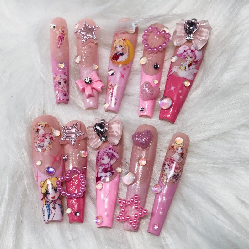 Pink Glitter Kawaii Japan Anime Character French Tip Press on - Etsy