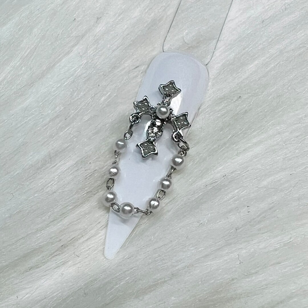 Silver & Gold Goth Cross Nail Charms Made With Crystals and Pearl Chain