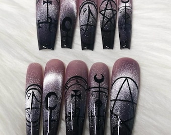 Purple Ombre Witch Press On Nails: Lilith Sigils, Cats Eye Glitter