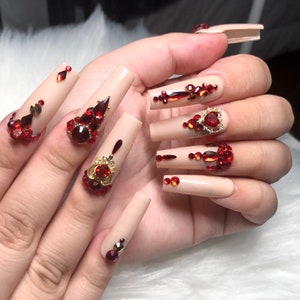 Nude With Red Crystals and Gold Accents Press On Nails Prom 2024 Graduation Gift image 3