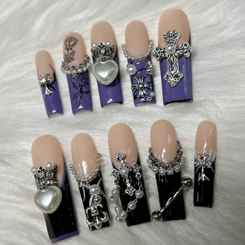 Purple & Black Goth Emo Press on Nails With Charms and - Etsy