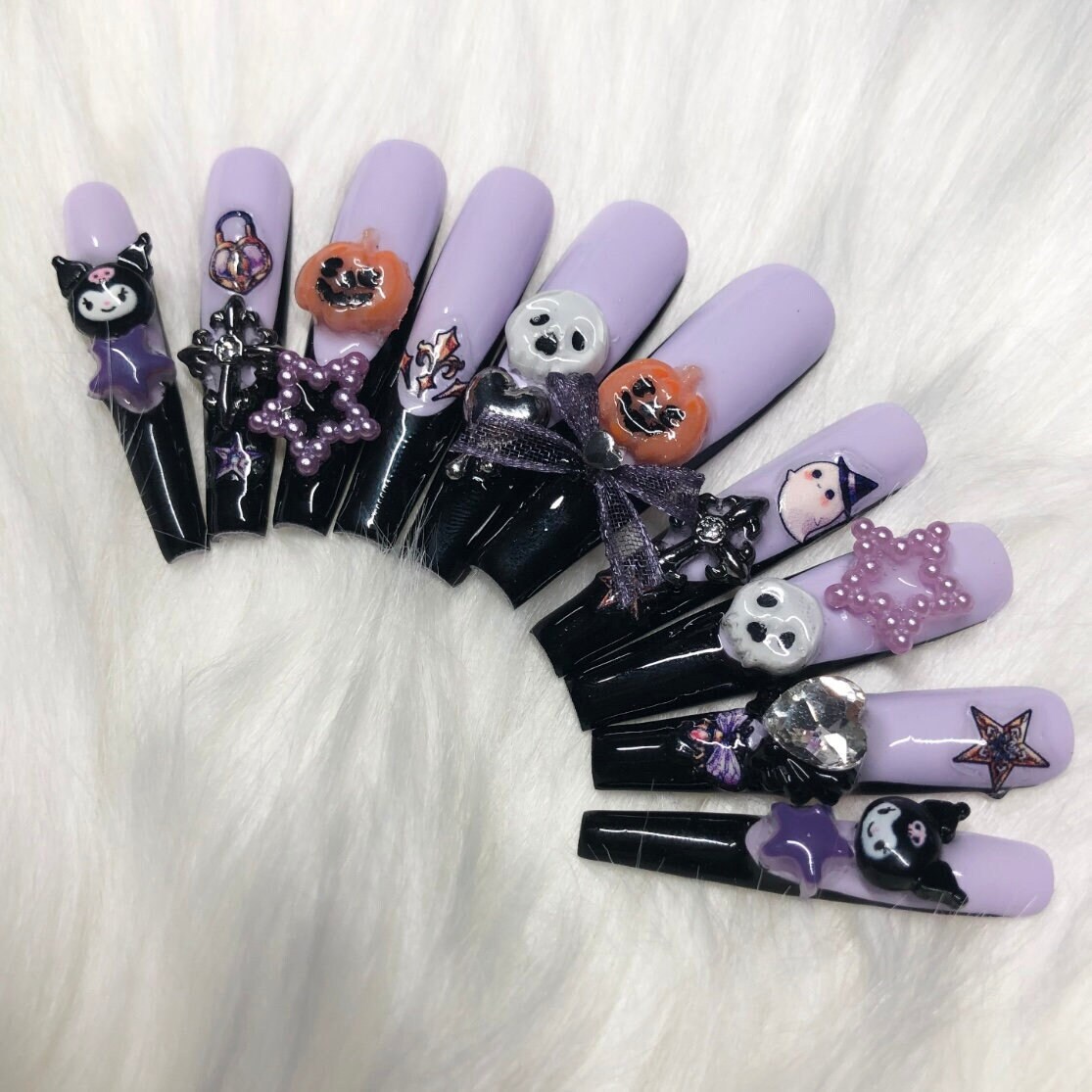Handmade Halloween Press on Nails, Purple Black French Tip, Skull