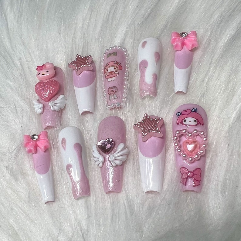 Pink & White Kawaii Japan Bunny Character Press on Nails - Etsy