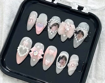 Custom KPOP Press On Nails with Custom Photos:Pink, Pearl, & Photo Accents
