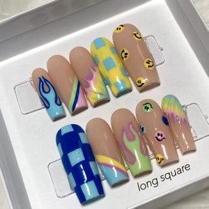 Long Coffin Pastel Pattern Rainbow Press On Nails Prom 2024 Graduation Gift image 4