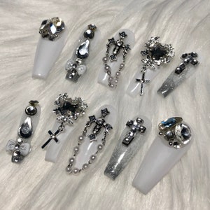 White Emo Goth Press On Nails with Charms Wedding - Prom 2024 Graduation Gift